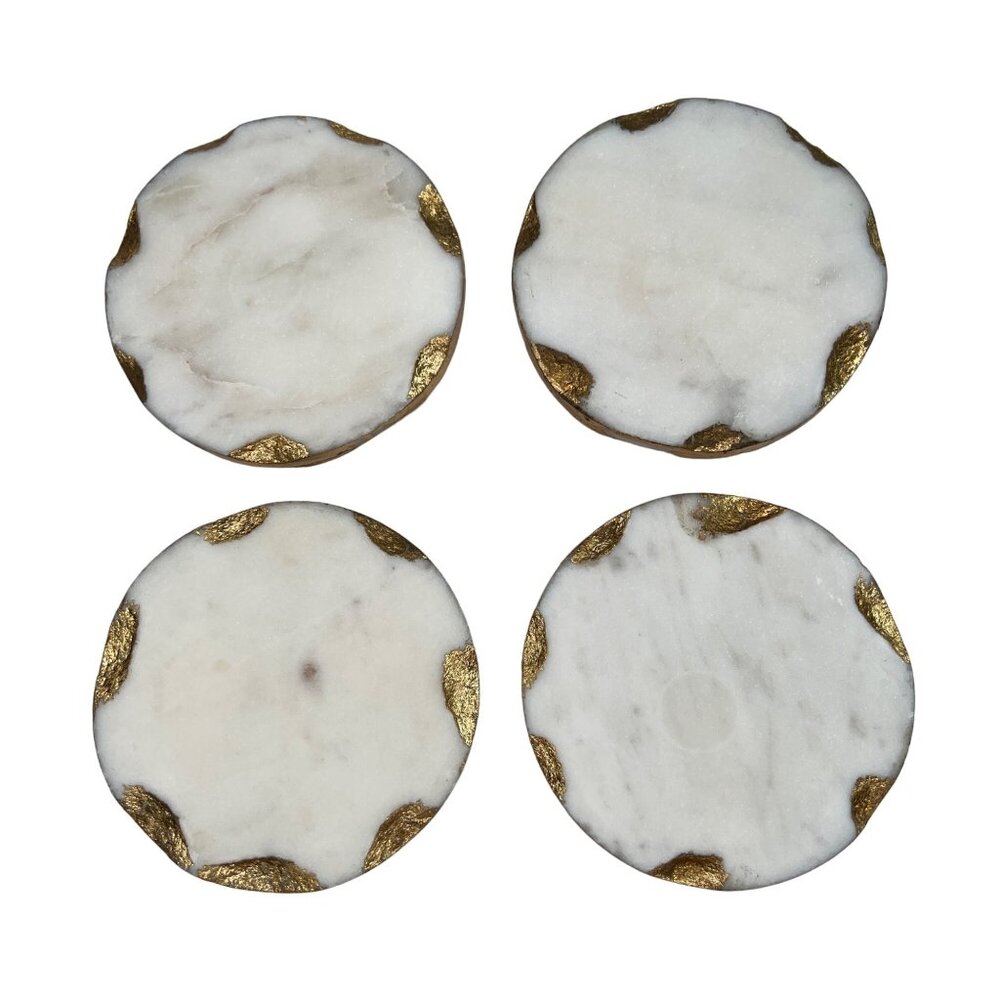 Godinger Set Of 4 White Marble & Gold Leaf Drink Coasters Table Protector Stone